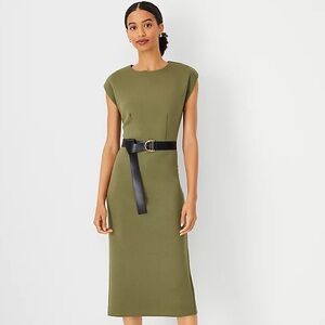 Ann Taylor Petite Faux Leather Trim Belted Sheath Dress Women’s 12P Career Chic